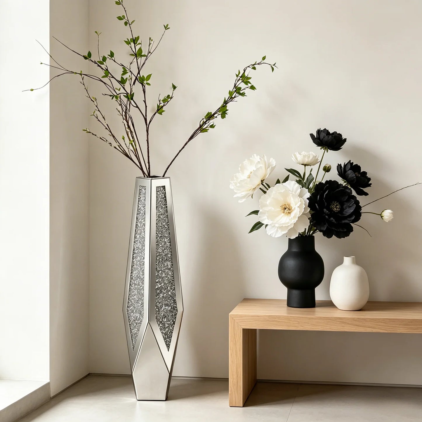 Various Styles Floor Crushed Diamond Mirrored Vase Large Silver Mirror Tall Vases Glass Vases Home Decor for Living Room Bedroom
