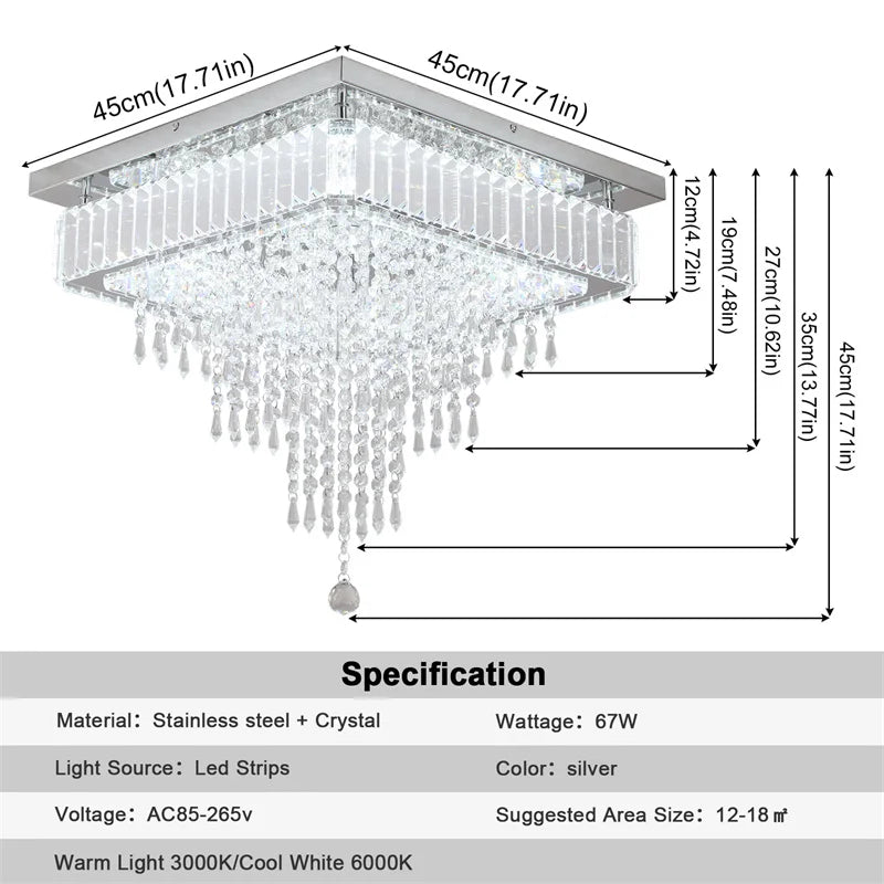 GreeLustr Crystal LED Chandelier Dimmable Living Room Ceiling Light Remote