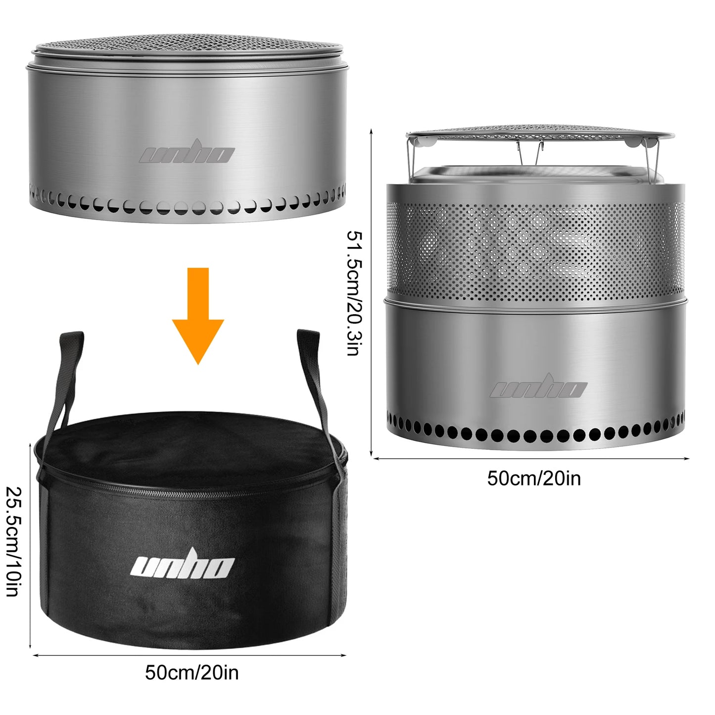 UNHO 19-inch Smokeless Fire Pit, Used for Outdoor Wood Burning, Portable 304 Stainless Steel Camping Stove, Perforated Fireplace, Suitable for Outdoor Heating, Hunting, Barbecue and Ice Fishing.