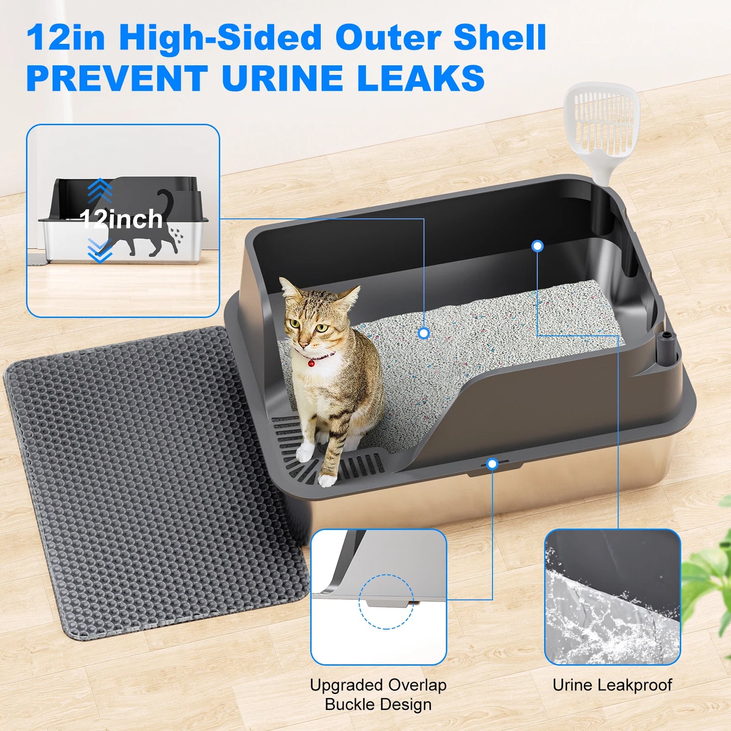 Stainless Steel Cat Litter Box Semi Closed Side Opening And Leak Proof