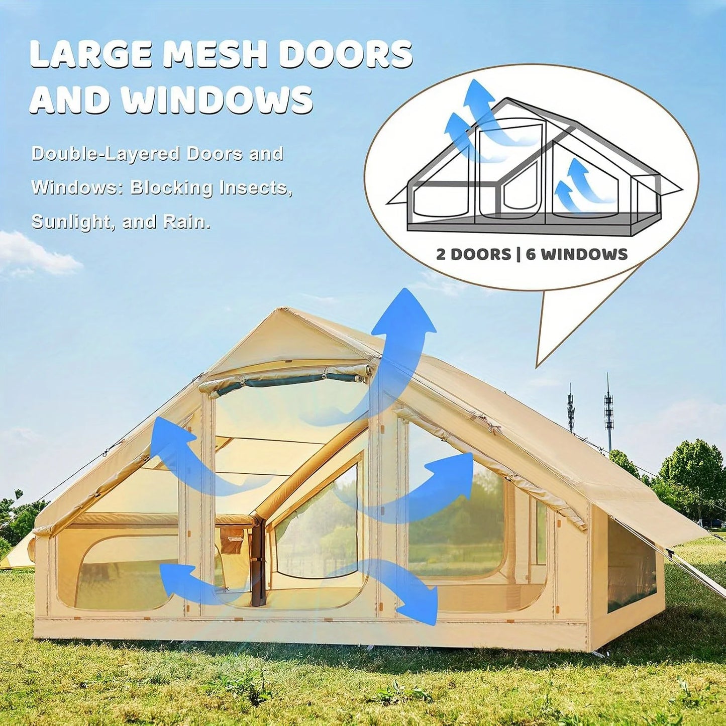4-6 Person Inflatable Tent - Quick Setup Air Tent with Stove Jack, 420D Oxford (PU2000), 15cm Air Beams, 2 Doors & Windows