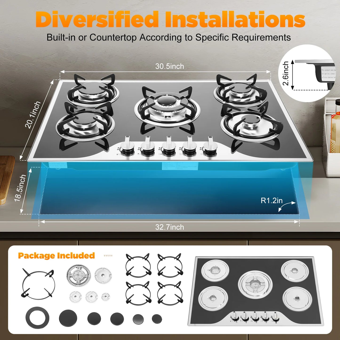 5 Burner Built In Gas Cooktop Glass Top