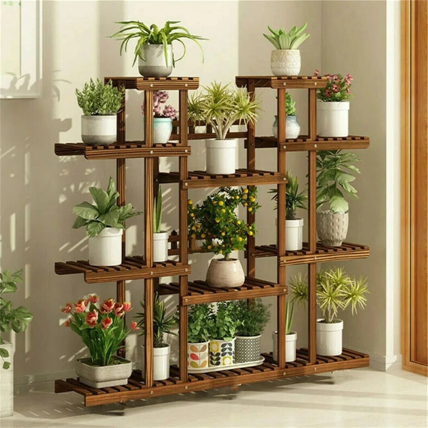 Carbonized Wood Plant Stand Display Shelf Indoor Outdoor Decor