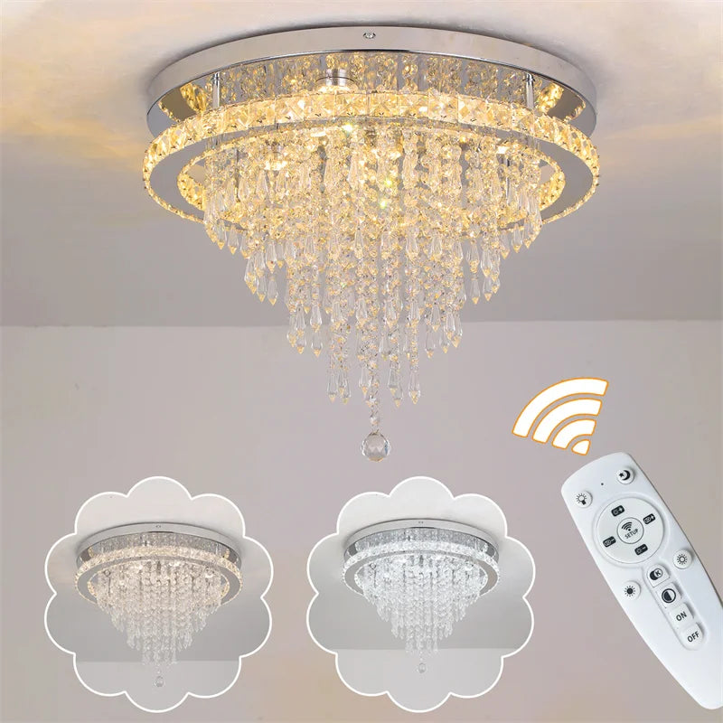 GreeLustr Crystal LED Chandelier Dimmable Living Room Ceiling Light Remote