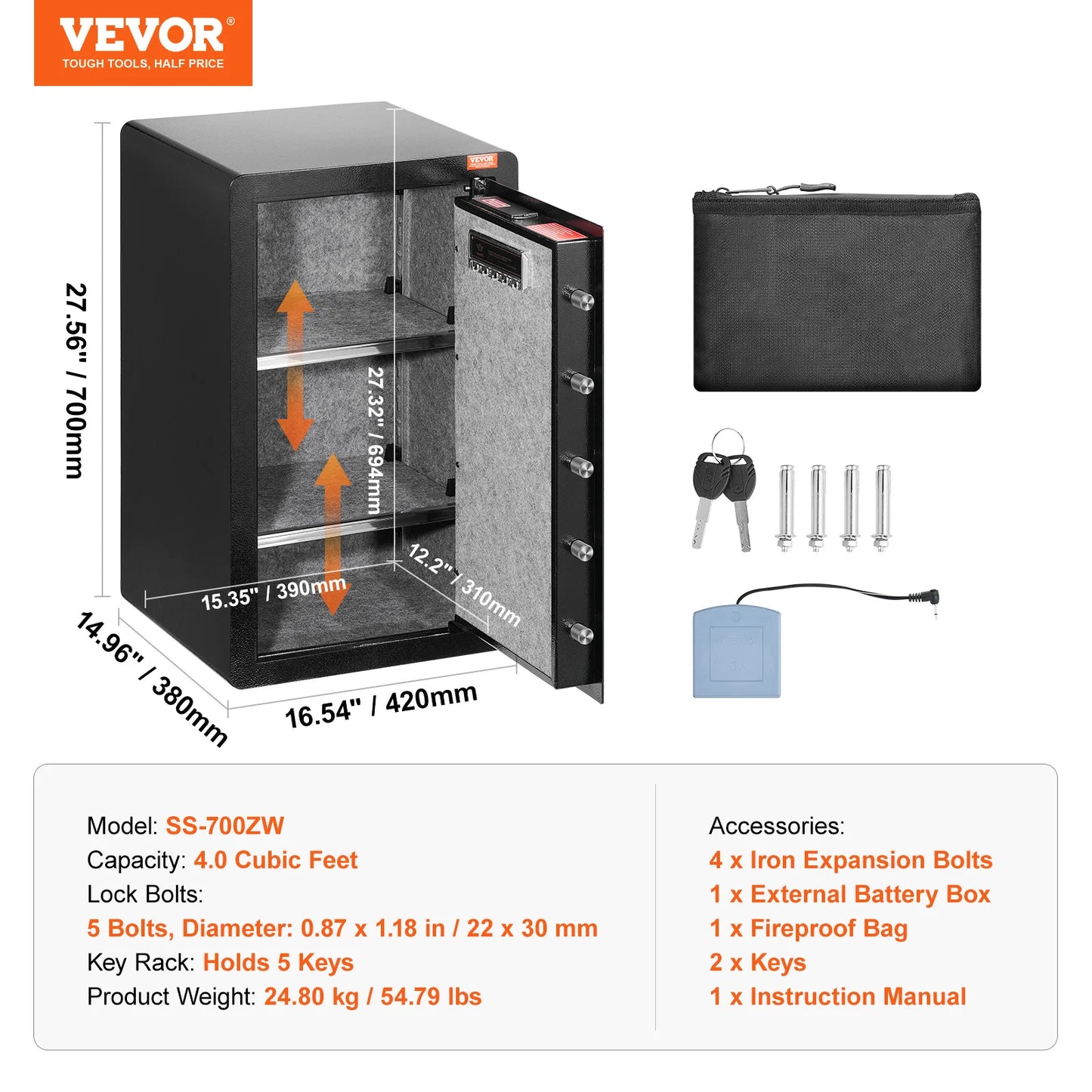 SucceBuy Single Door 4.0 cu.ft Safe Box w/ Key Lock Password & Fingerprint Safe Lock Box with Fireproof Bag Key Rack & LED Light