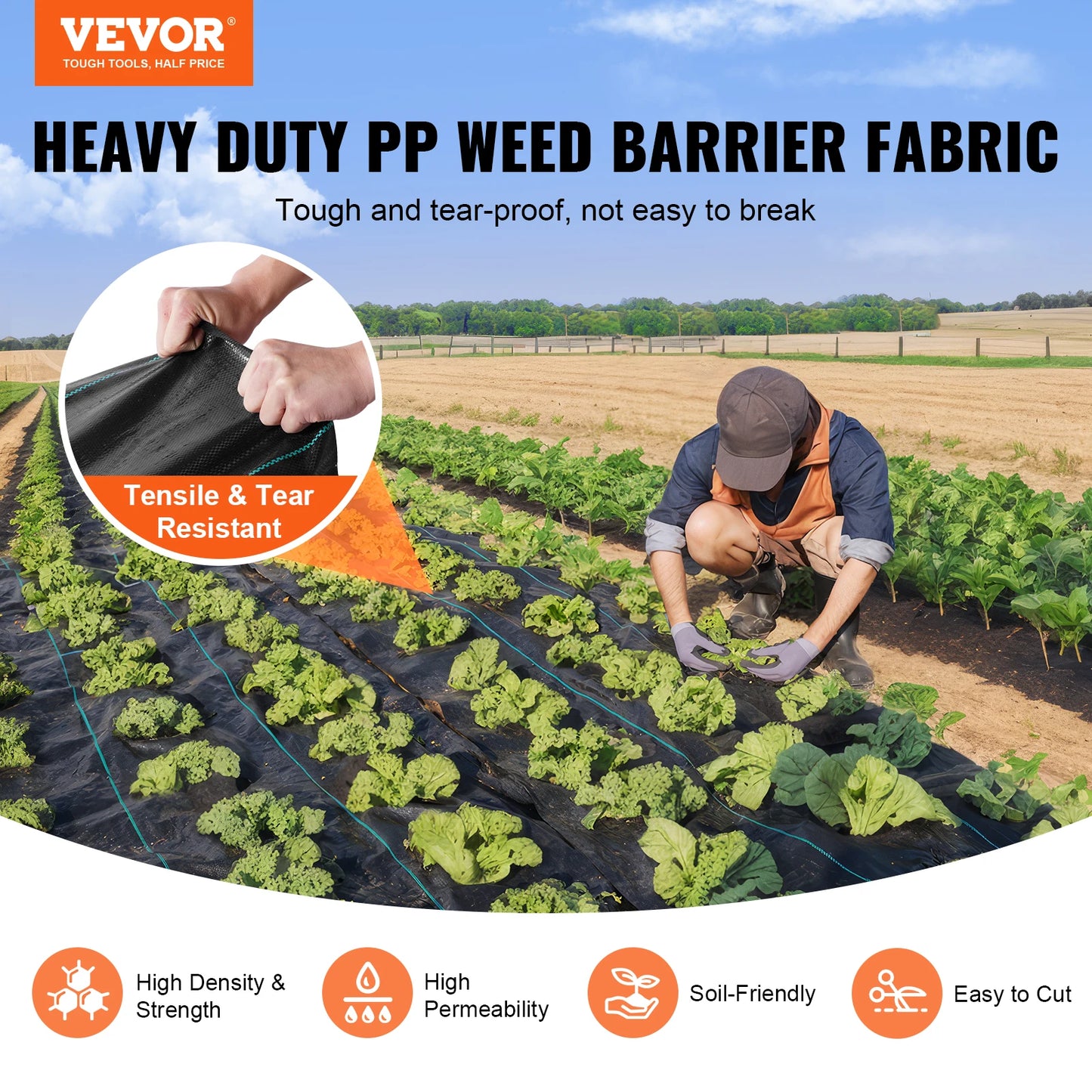 VEVOR 3FTx50FT Premium Heavy Duty Weed Barrier Landscape Fabric 3.2OZ Woven Geotextile Fabric Under Gravel High Permeability