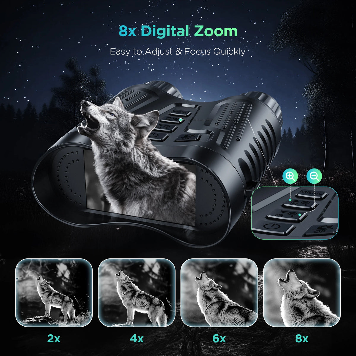 Rechargeable NightVision Telescope 4K UHD Infrared Telescope Camera Binocular Telescope 8X Zoom 300M for Hunting Camping Boating
