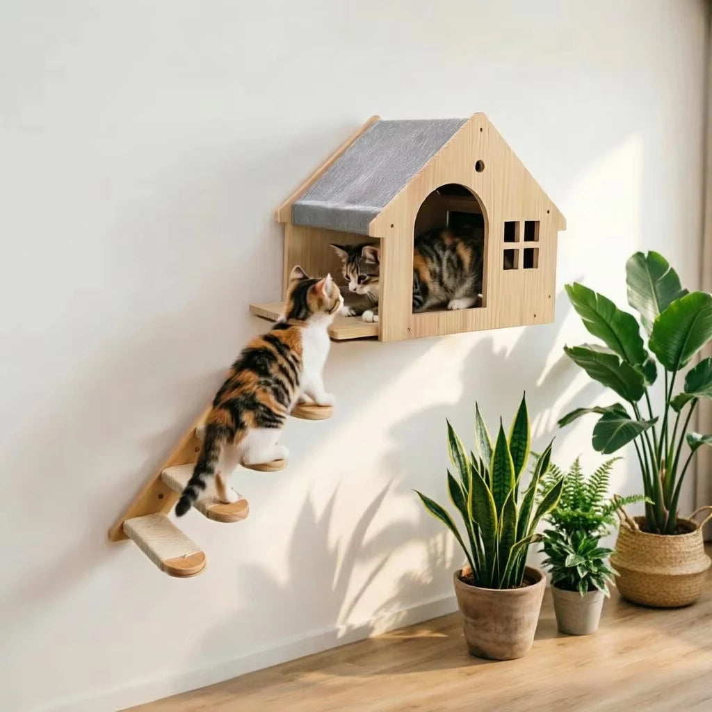 Wooden Cat Condo Villa Wall Mounted Shelf for Cats