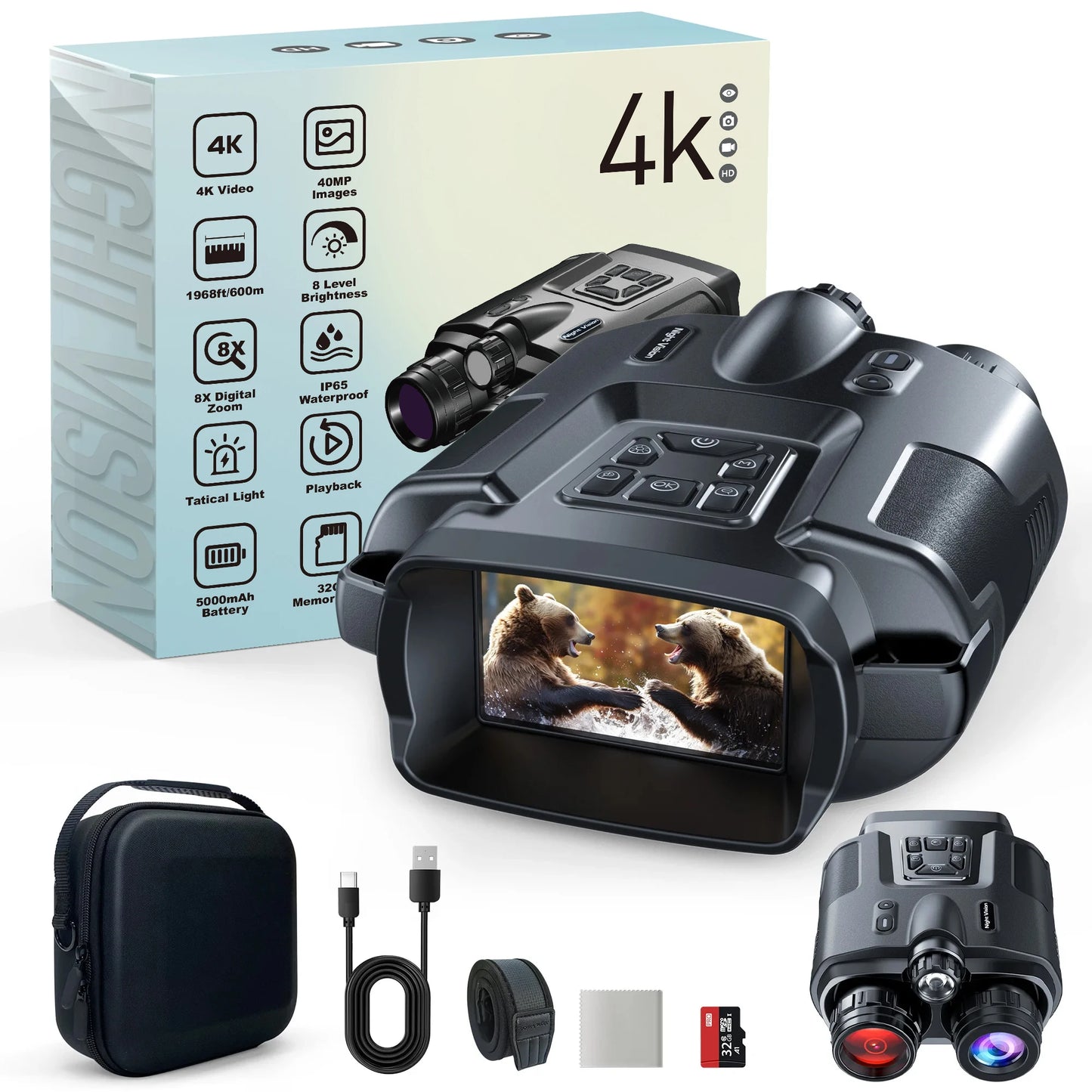 Night Vision Binoculars 4K Infrared 5000mAH Rechargeable 8X Digital Zoom 600 Meters Darkness Goggles 5000mAh Rechargeable, 64GB Card Included for Wildlife Observation & Surveillance