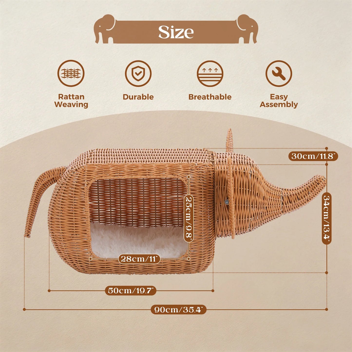 PEQULTI Elephant Rattan Cat Condo Bed Plush Cushioned