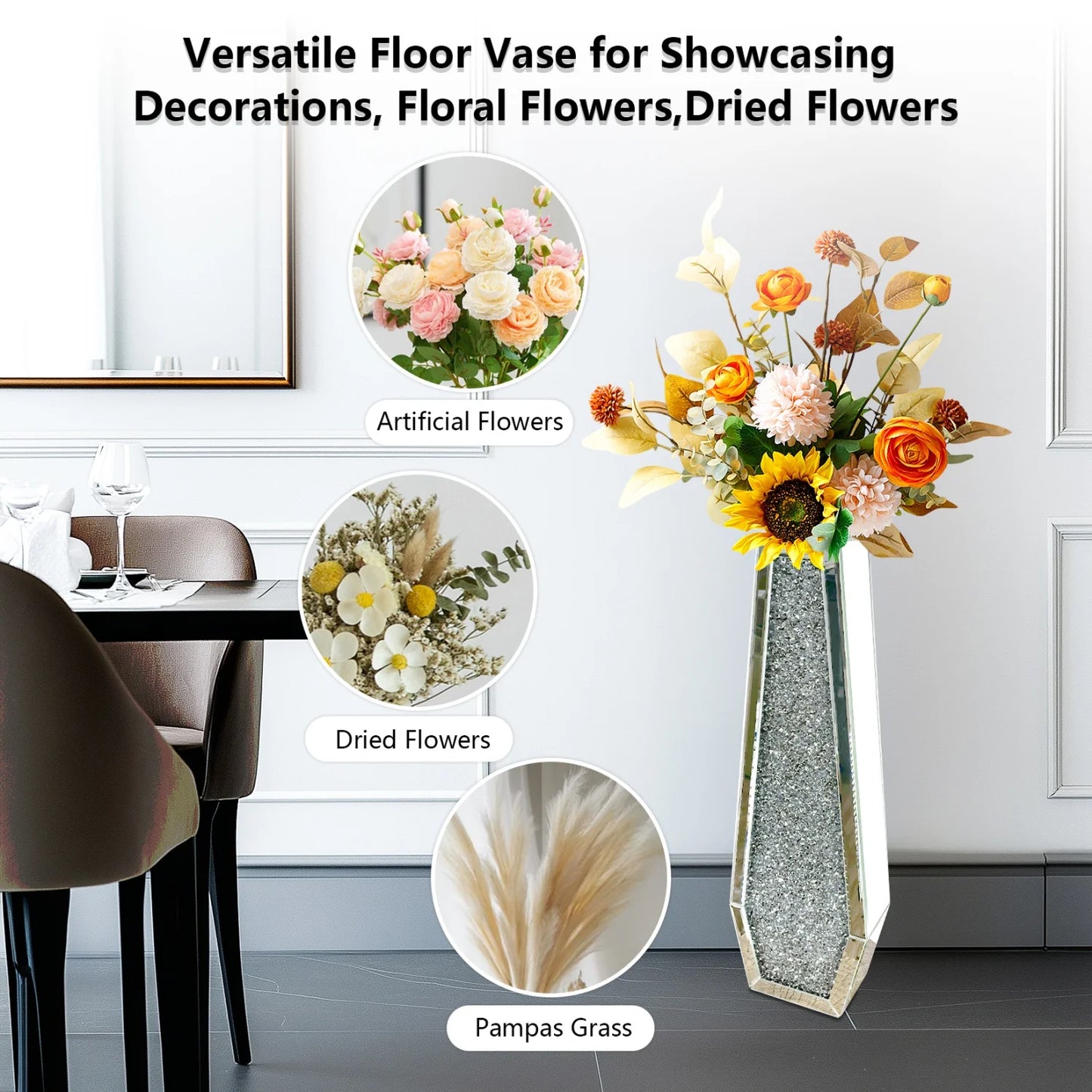 Various Styles Floor Crushed Diamond Mirrored Vase Large Silver Mirror Tall Vases Glass Vases Home Decor for Living Room Bedroom