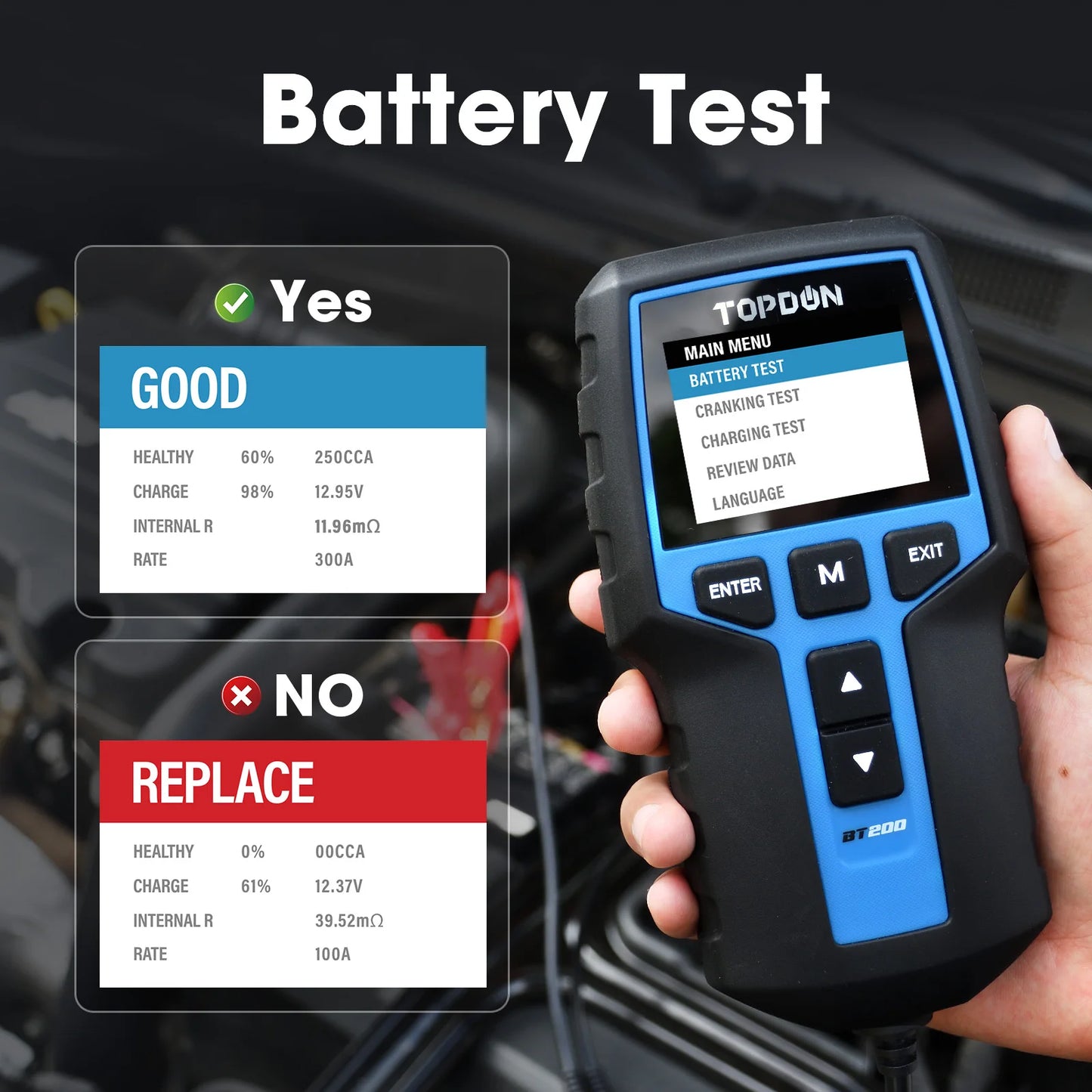 Topdon BT200 Portable Car Battery Tester Cranking 12V 100-2000CCA