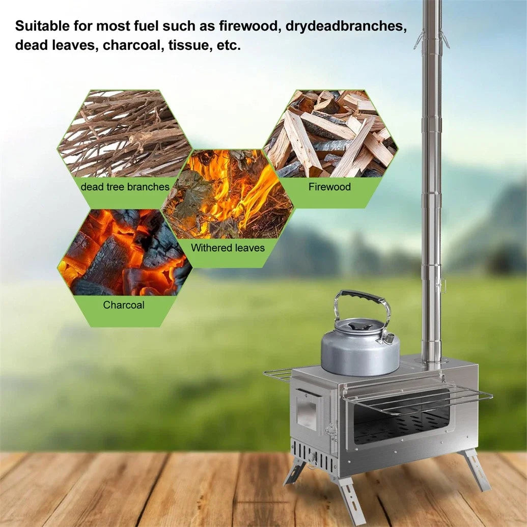 Portable Outdoor Wood Burning Stove With 6 Stainless Chimney Pipes