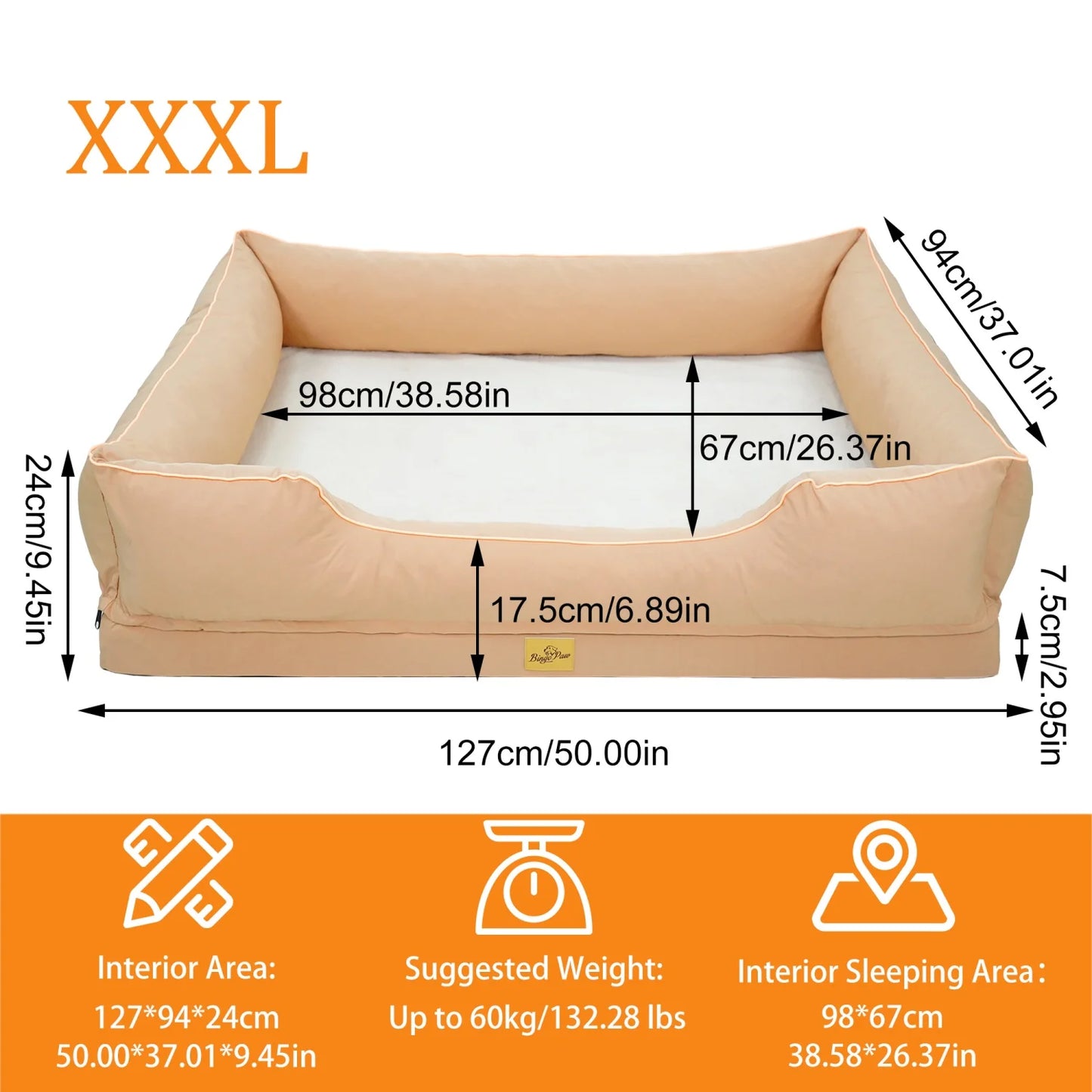 Bingopaw Orthopedic Dog Bed With Oxford Bolster Foam Base And Removable Cover