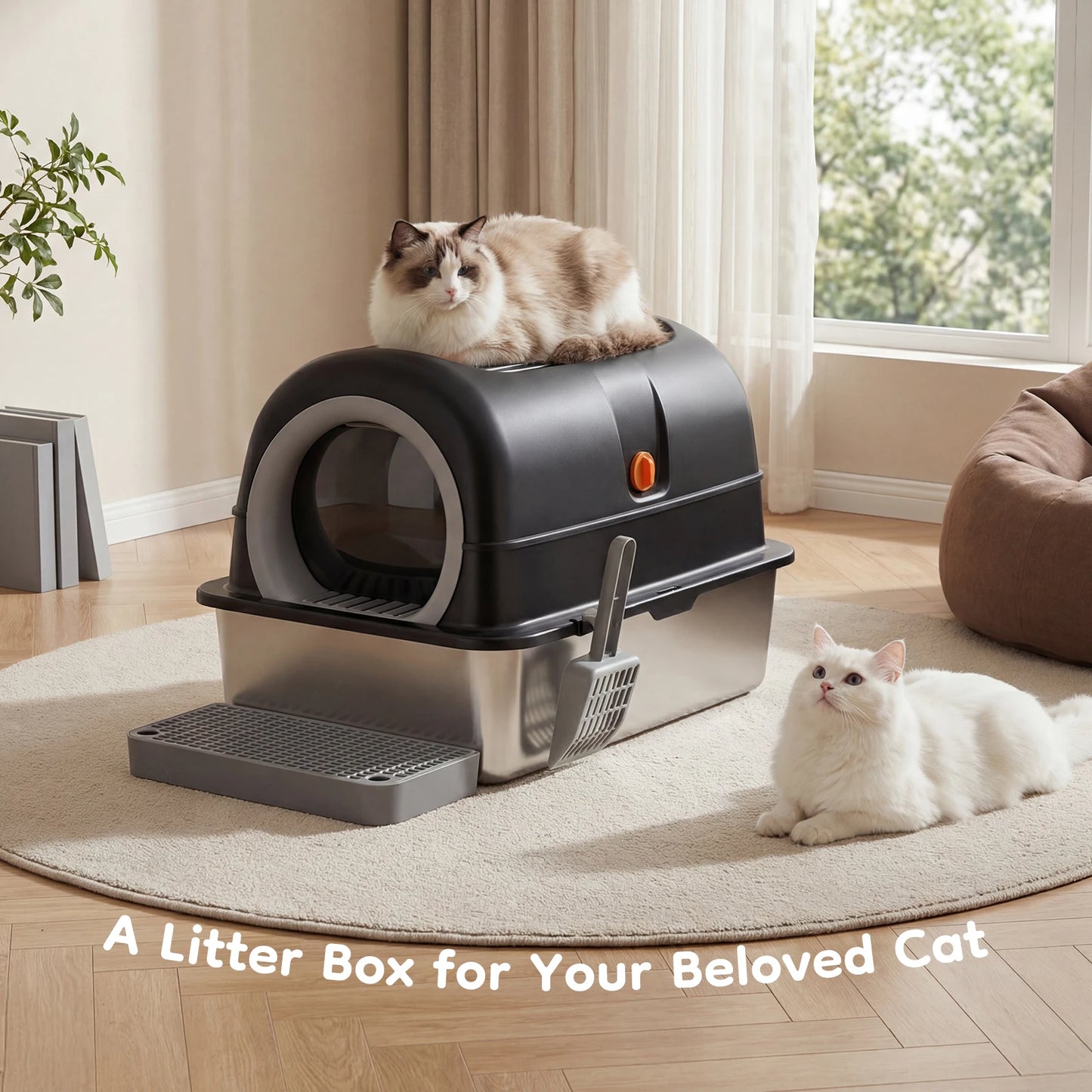 JHK Stainless Steel Cat Litter Box Fully Enclosed For Large Cats Scoop Included