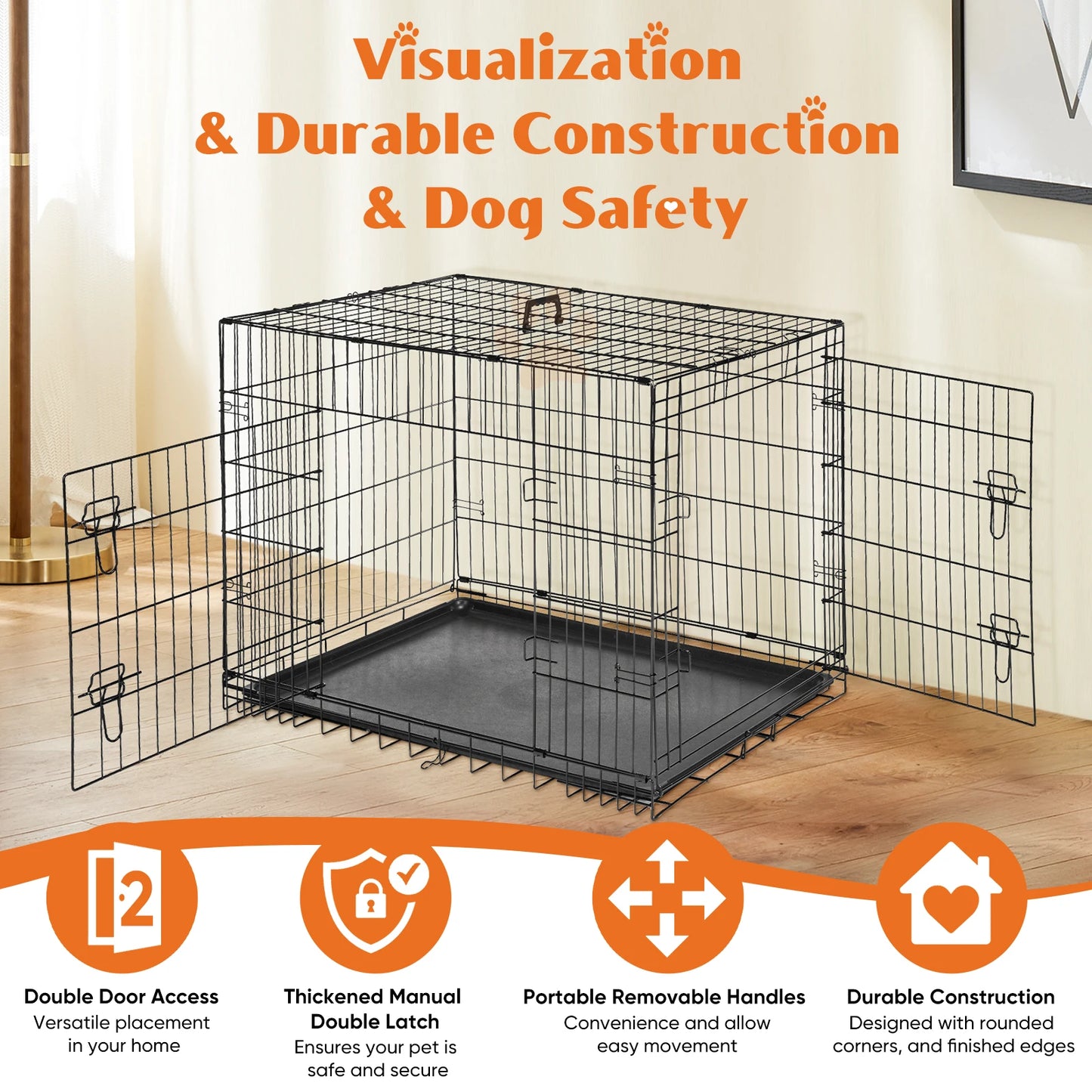 JHK Folding Metal Wire Dog Cage With Leakproof Pan