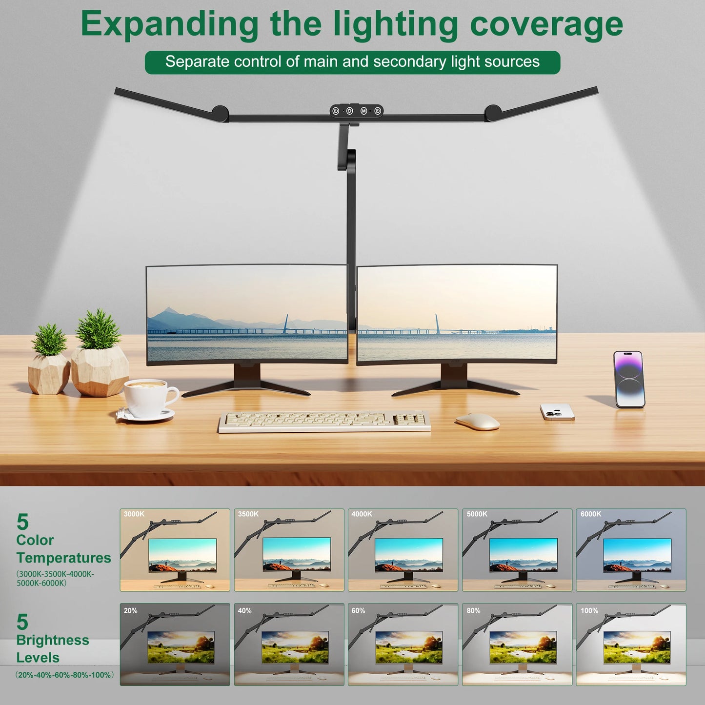 Aiopp Three Head Desk Lamp With Memory Function And Five Color Temperatures LED
