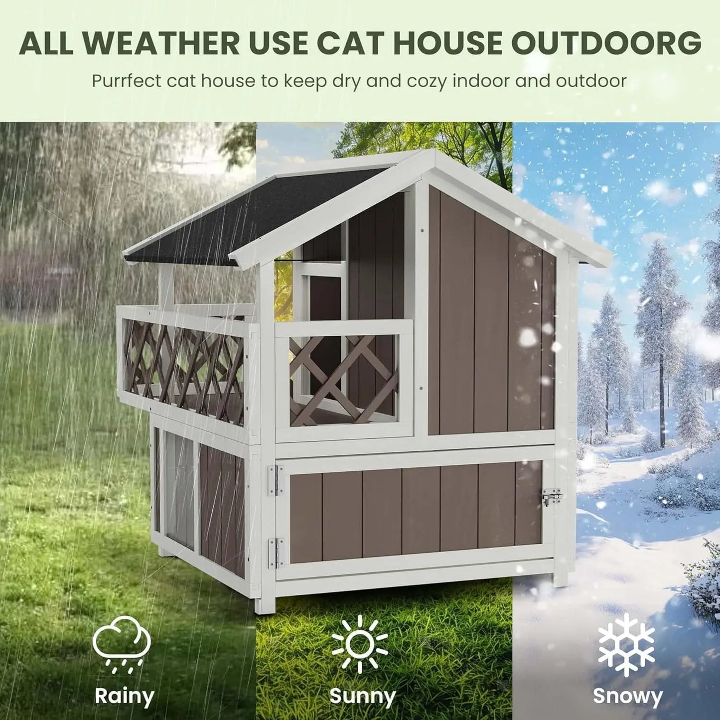 DishyKooker Wooden 2 Level Cat House Outdoor Weatherproof Shelter