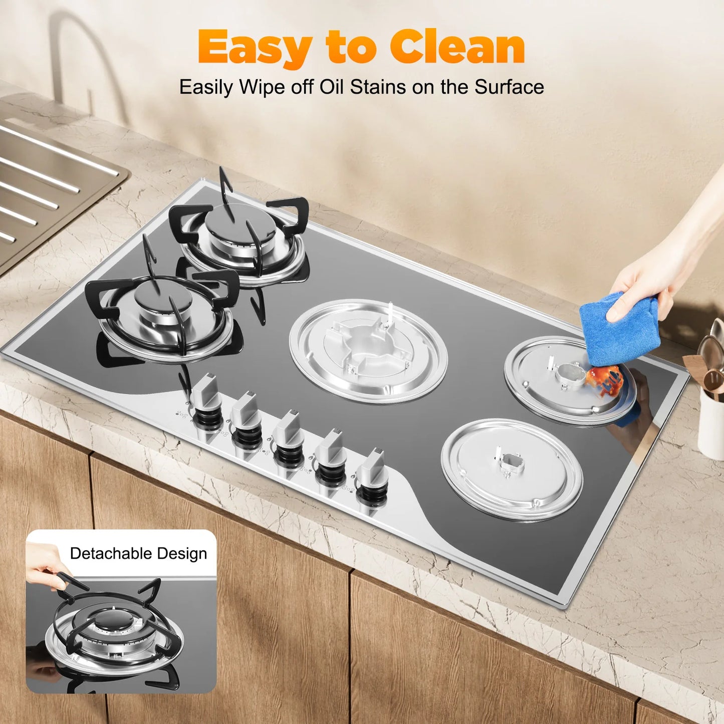 5 Burner Built In Gas Cooktop Glass Top