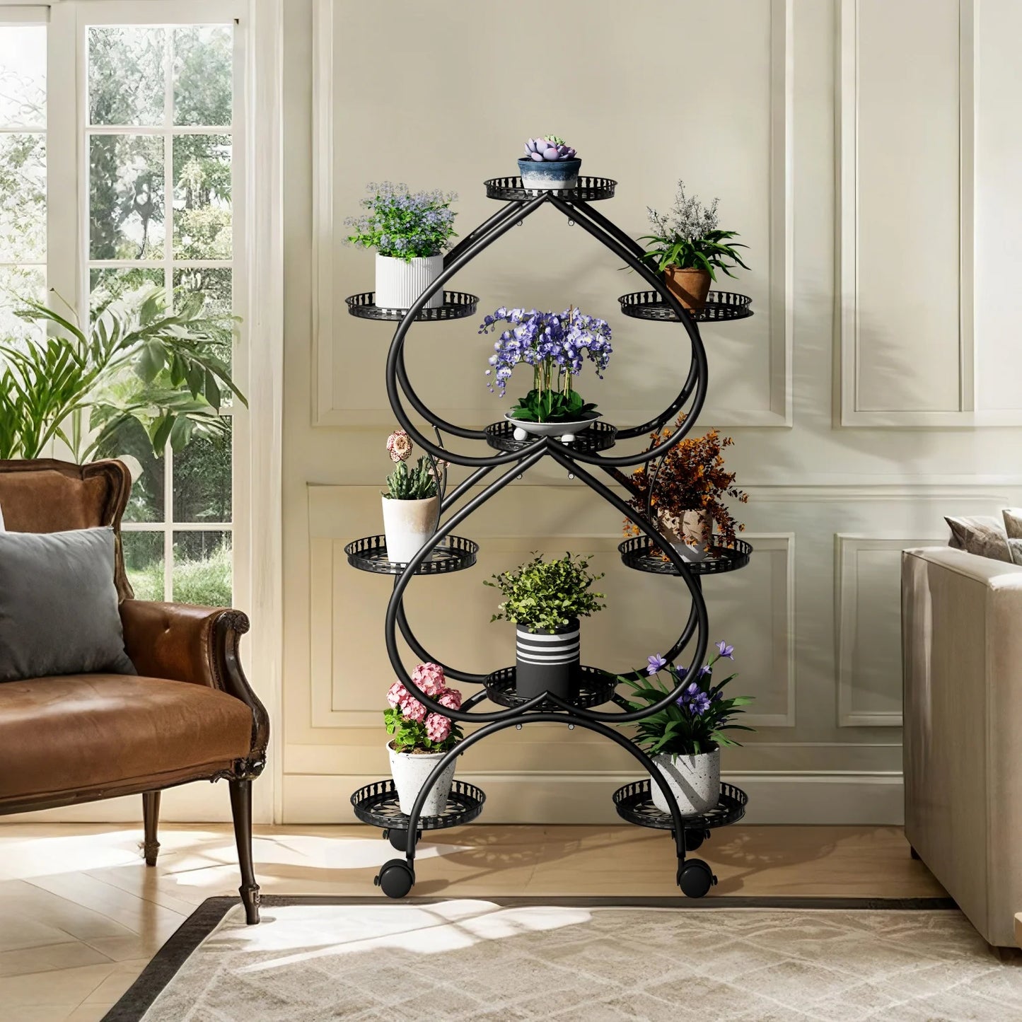9-Potted Metal Tall Plant Stand with Wheels Flower Pot Display Shelf Rack Holder for Balcony, Backyard, Garden