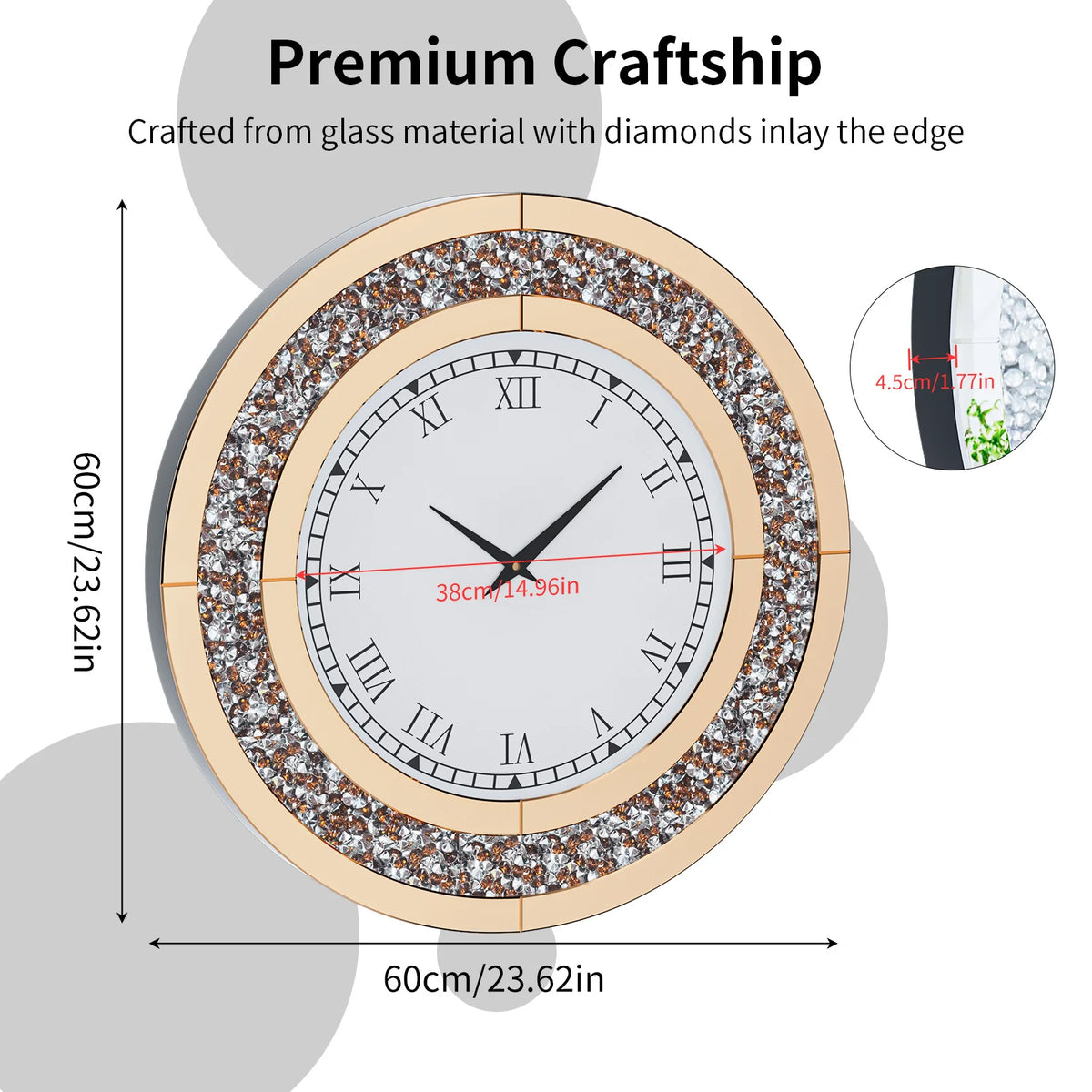 Crystal Sparkle Mirror Wall Clock With Quiet Alarm Feature