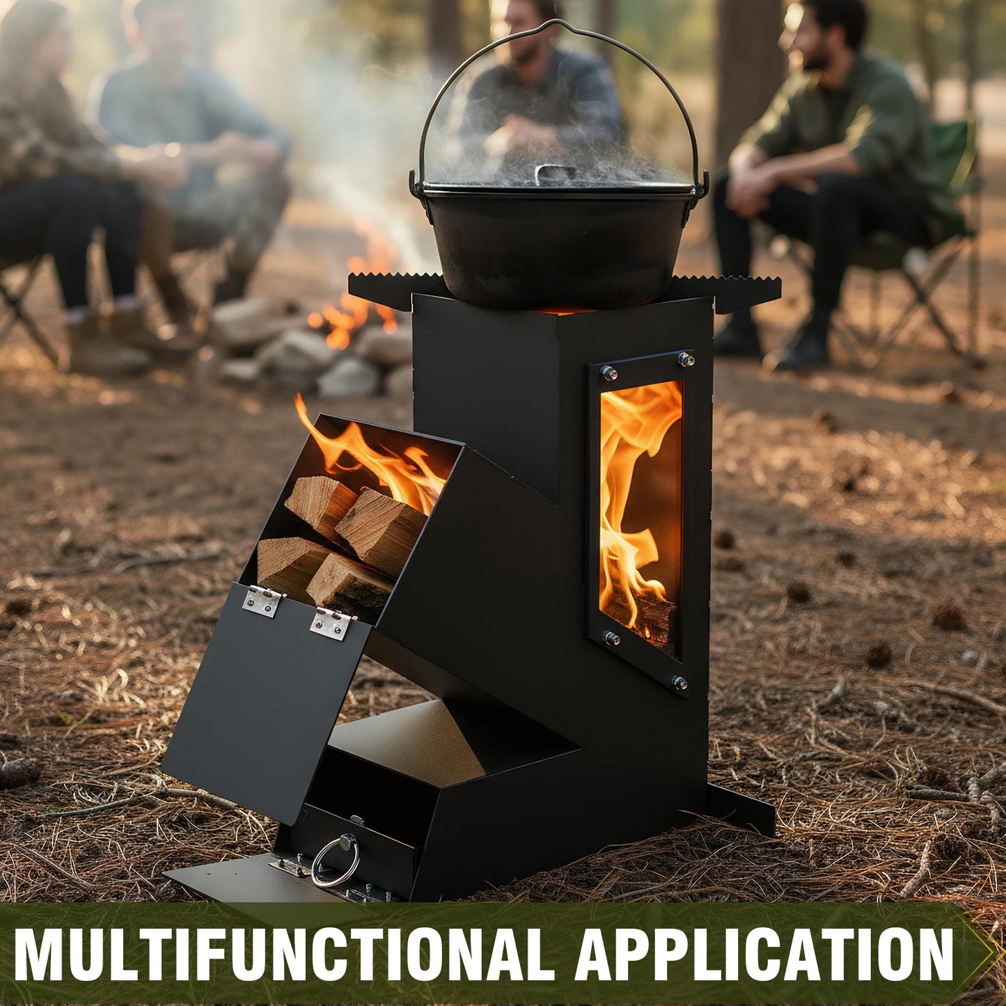 Portable Rocket Stove With Glass Door Wood Burning Outdoor Cooking Camping Grill For Survival Emergency