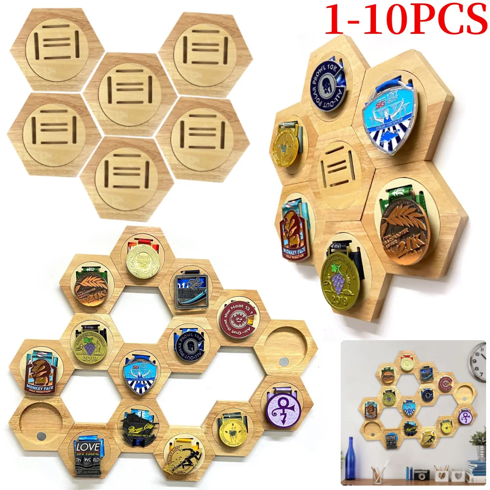 1-10Pcs Medal Display Stand Wooden Medal Hanger for Sport Track Field Running Creative Splicing Wall Hexagonal Honor Decor Rack