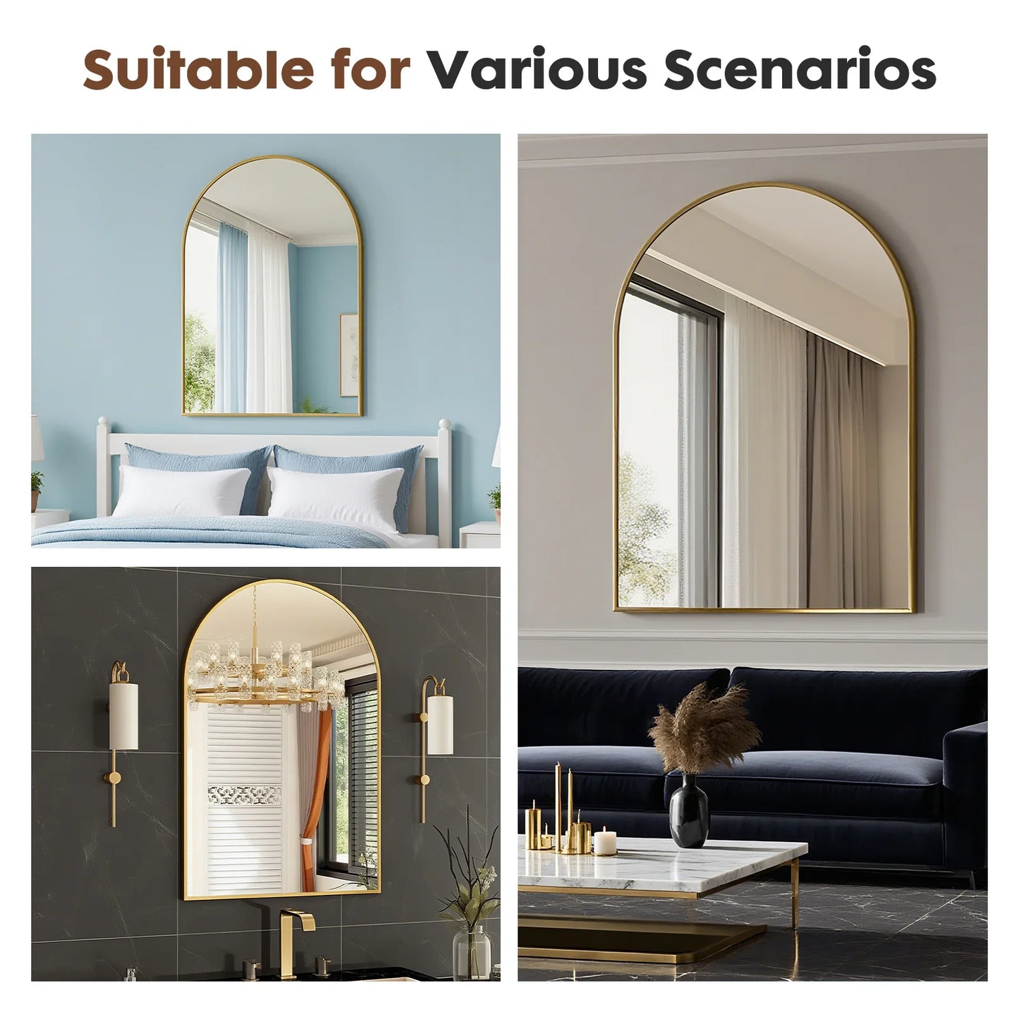 JHK 26"x38" Arched Metal Framed Bathroom Mirrors for Wall  Hanging Mirror Glass Mirror Modern Wall Decor For Bedroom Entryway