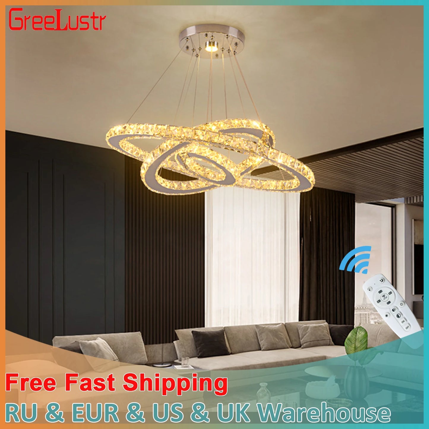 GreeLustr Luxury Crystal Pendant Light Chandelier With Dimmable LED