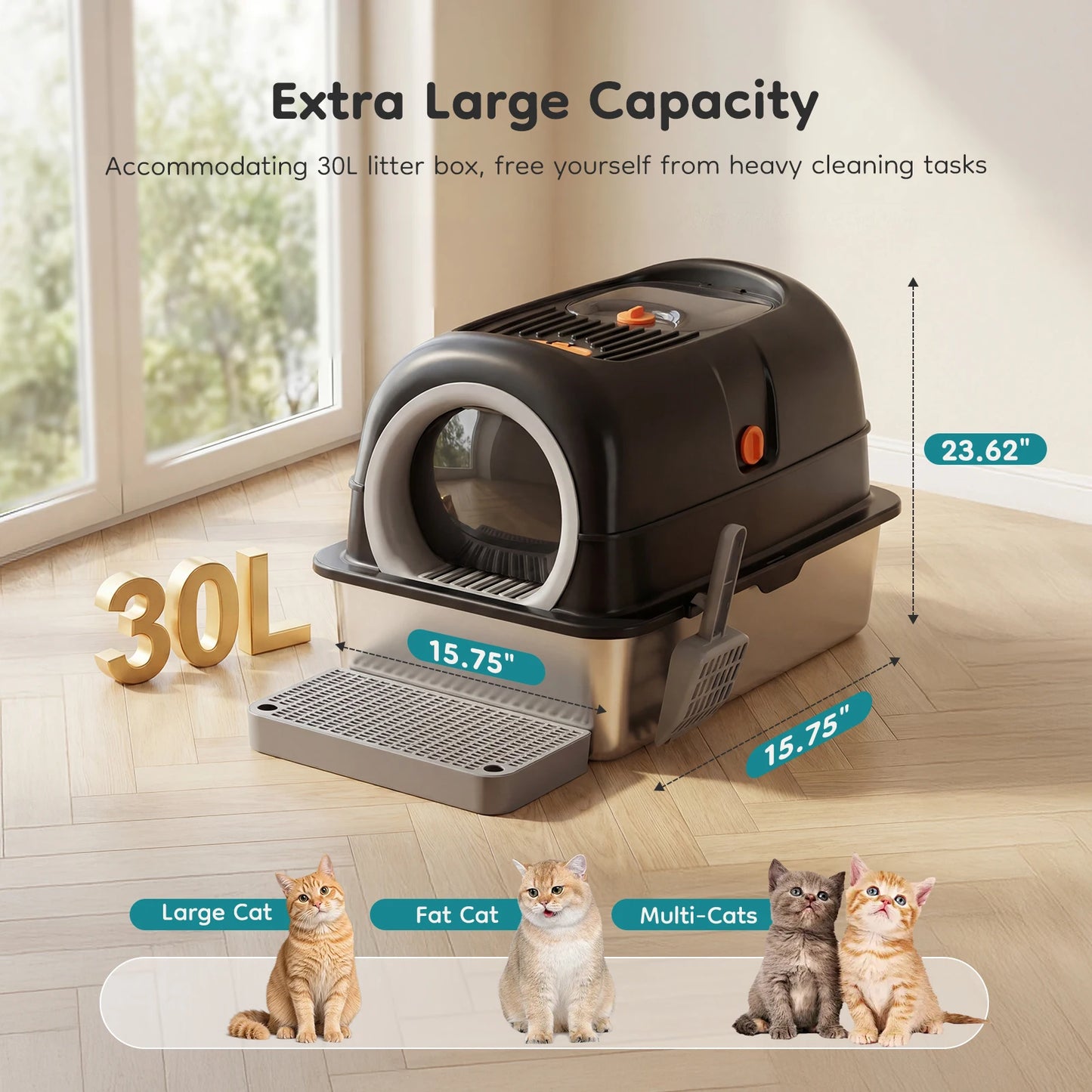 Stainless Steel Fully Enclosed Cat Litter Box For Large Cats