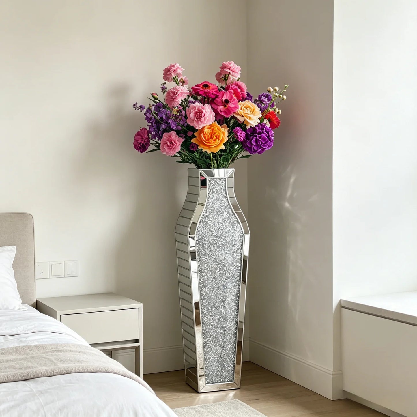 Various Styles Floor Crushed Diamond Mirrored Vase Large Silver Mirror Tall Vases Glass Vases Home Decor for Living Room Bedroom