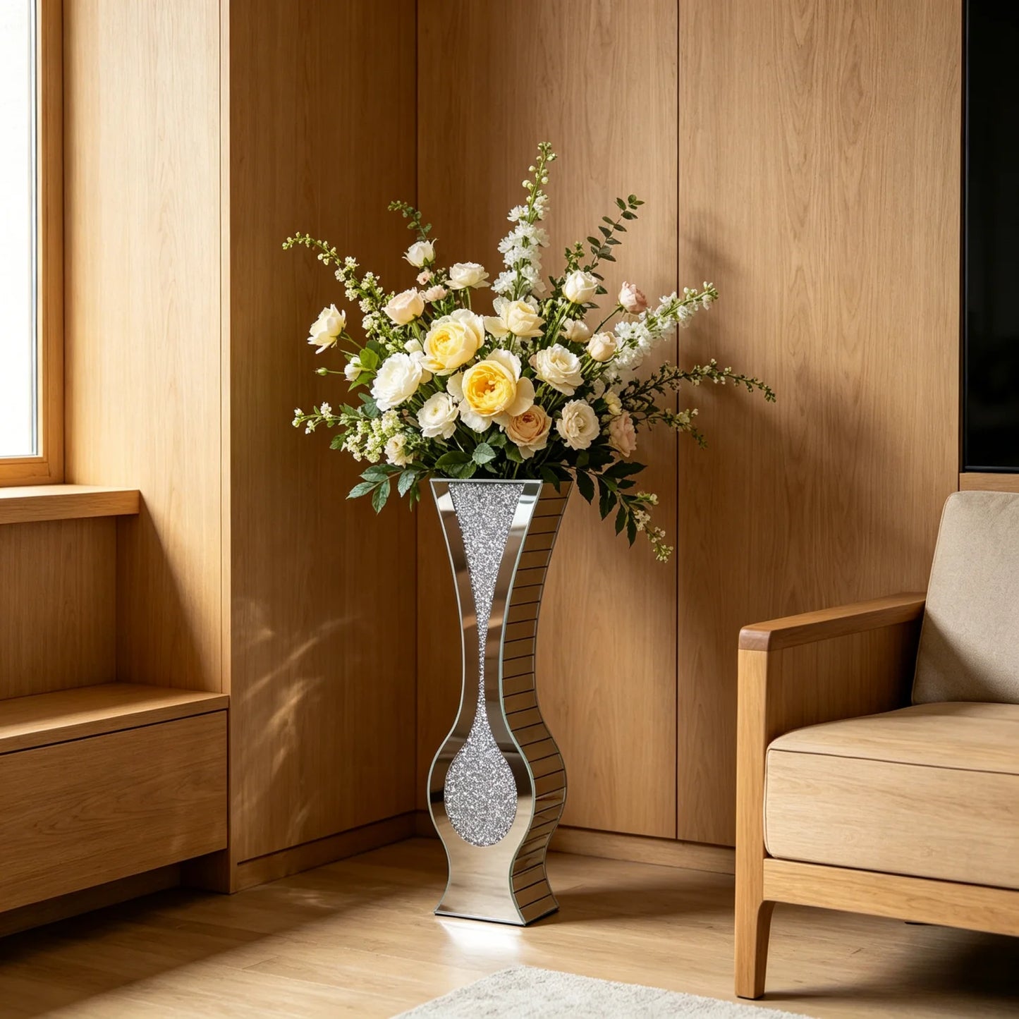 Various Styles Floor Crushed Diamond Mirrored Vase Large Silver Mirror Tall Vases Glass Vases Home Decor for Living Room Bedroom