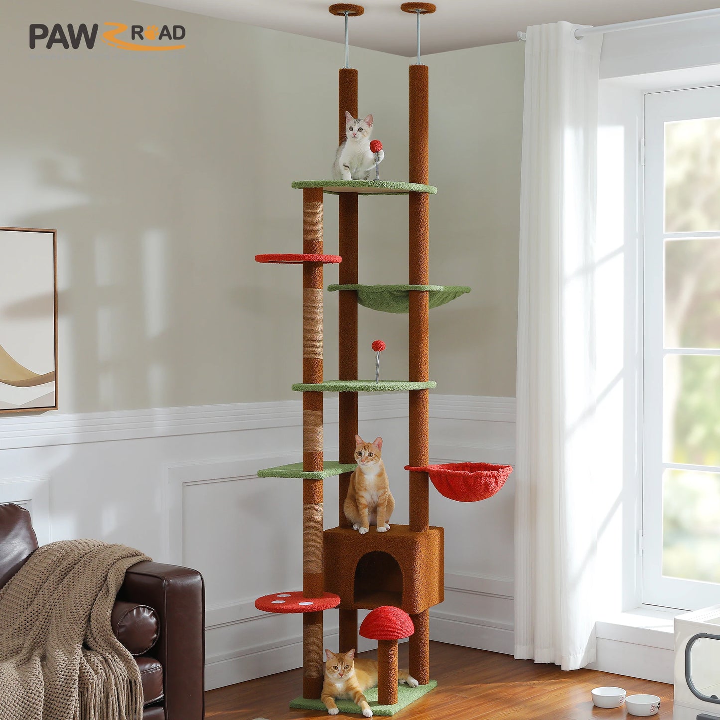 PAWZ Road Height Adjustable Wooden Cat Tree With Hammock Sisal Scratching Posts