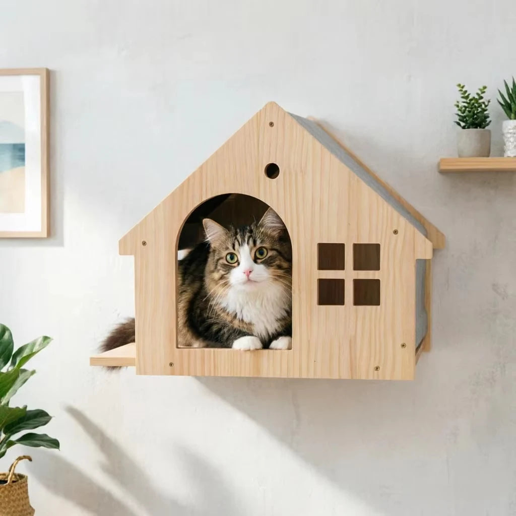 Wooden Cat Condo Villa Wall Mounted Shelf for Cats