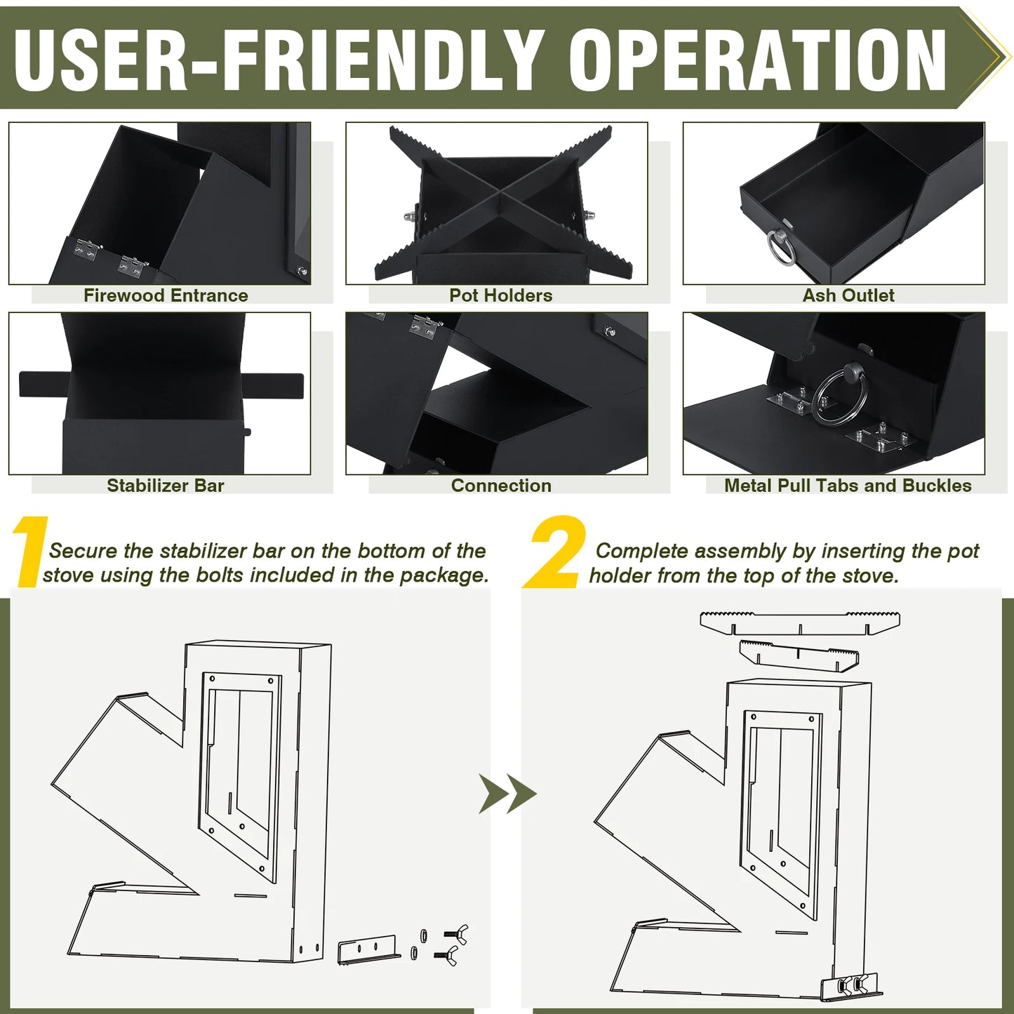 Portable Rocket Stove With Glass Door Wood Burning Outdoor Cooking Camping Grill For Survival Emergency