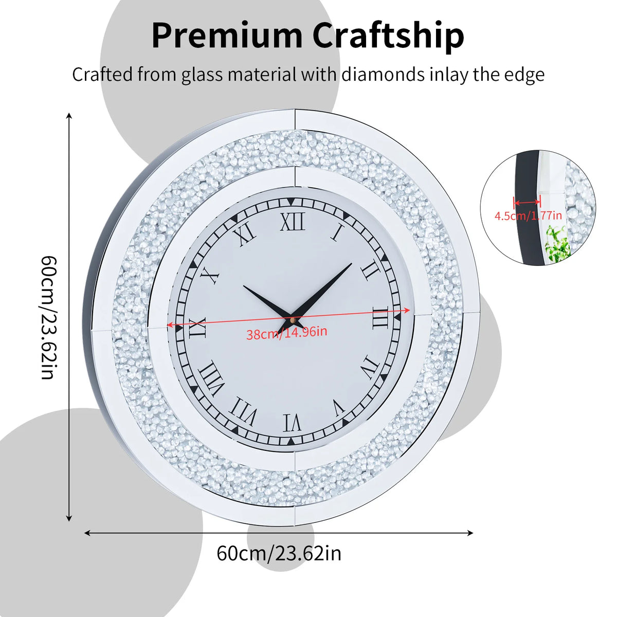 Crystal Sparkle Mirror Wall Clock With Quiet Alarm Feature