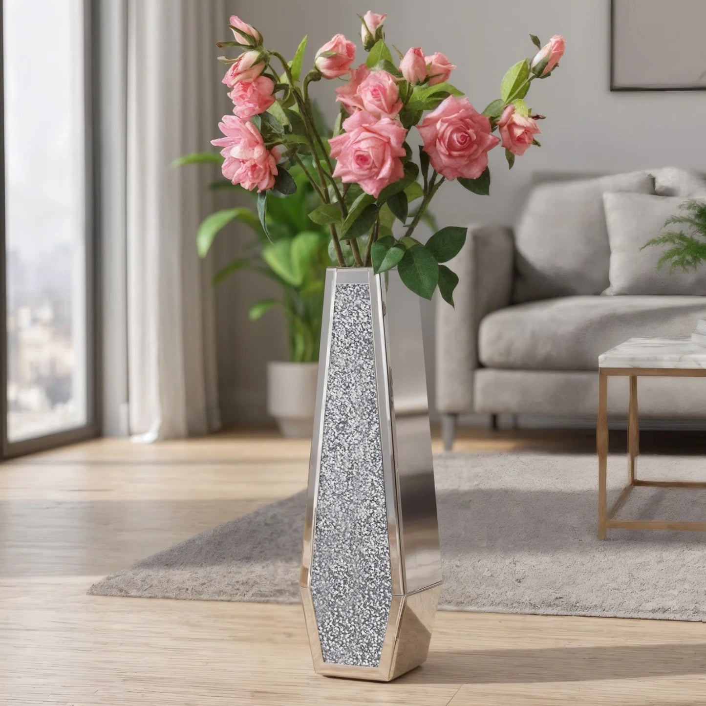 Various Styles Floor Crushed Diamond Mirrored Vase Large Silver Mirror Tall Vases Glass Vases Home Decor for Living Room Bedroom