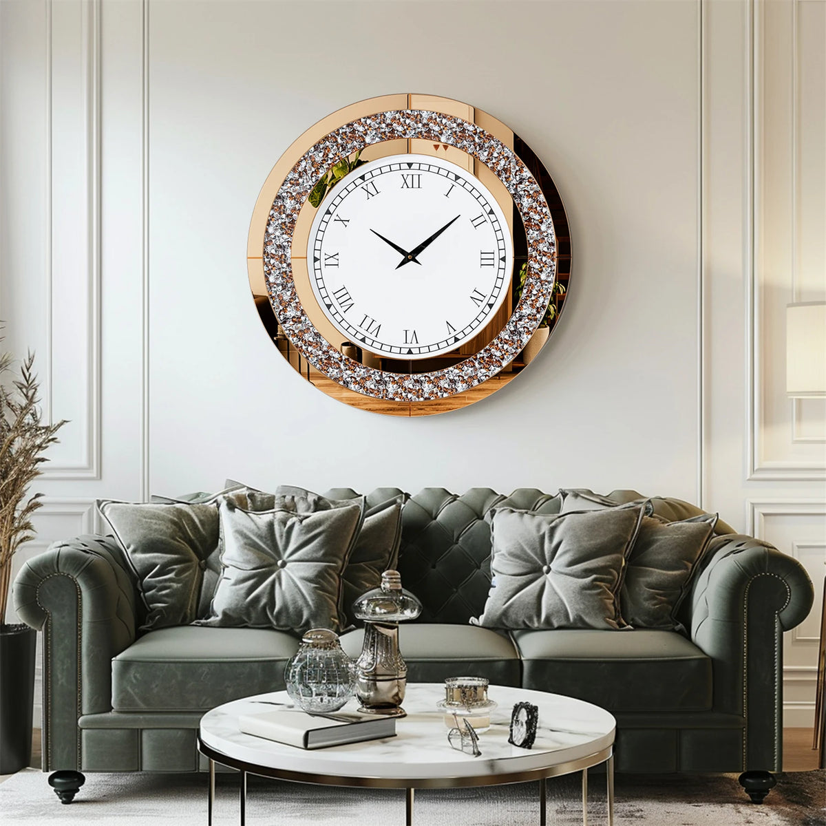 Crystal Sparkle Mirror Wall Clock With Quiet Alarm Feature