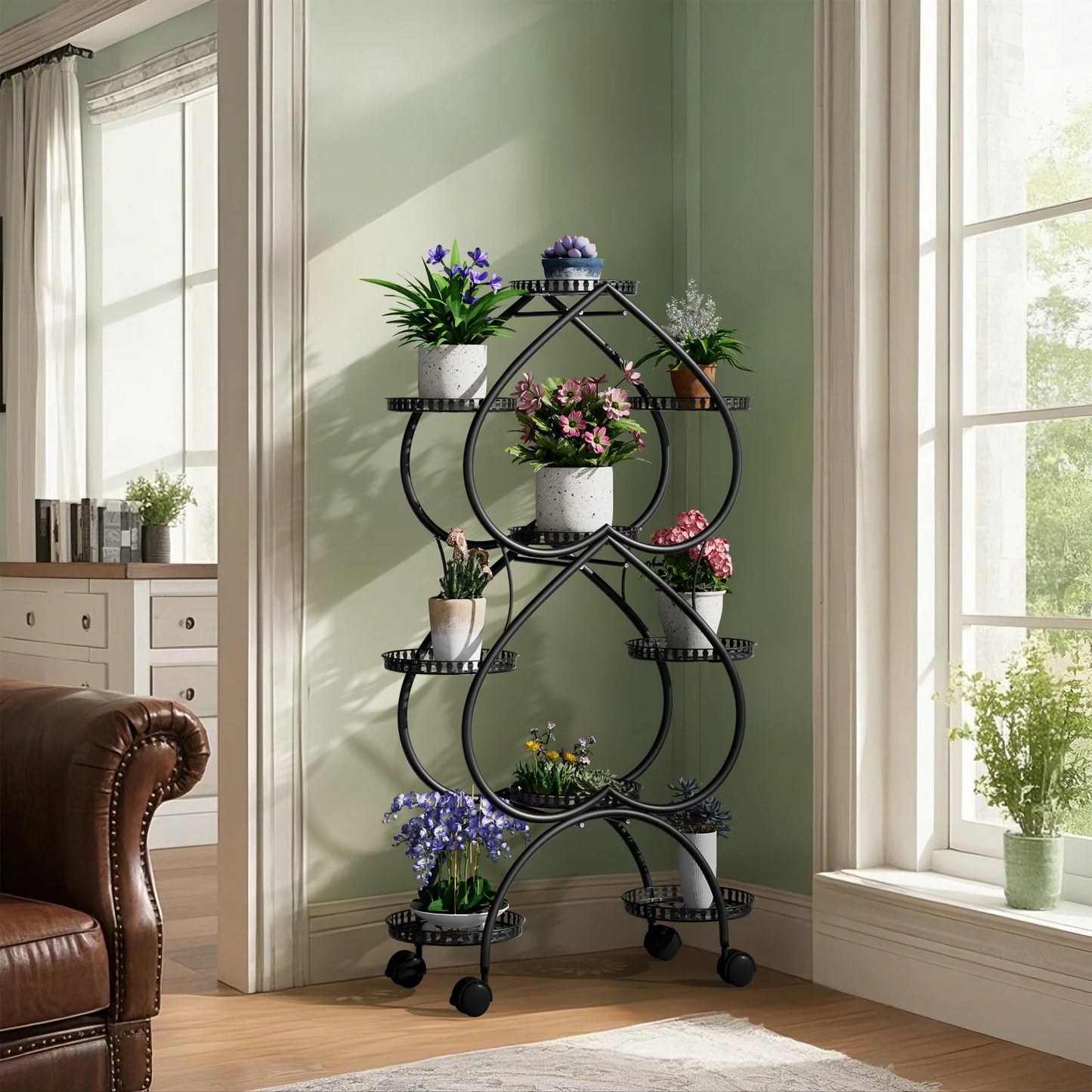 9-Potted Metal Tall Plant Stand with Wheels Flower Pot Display Shelf Rack Holder for Balcony, Backyard, Garden