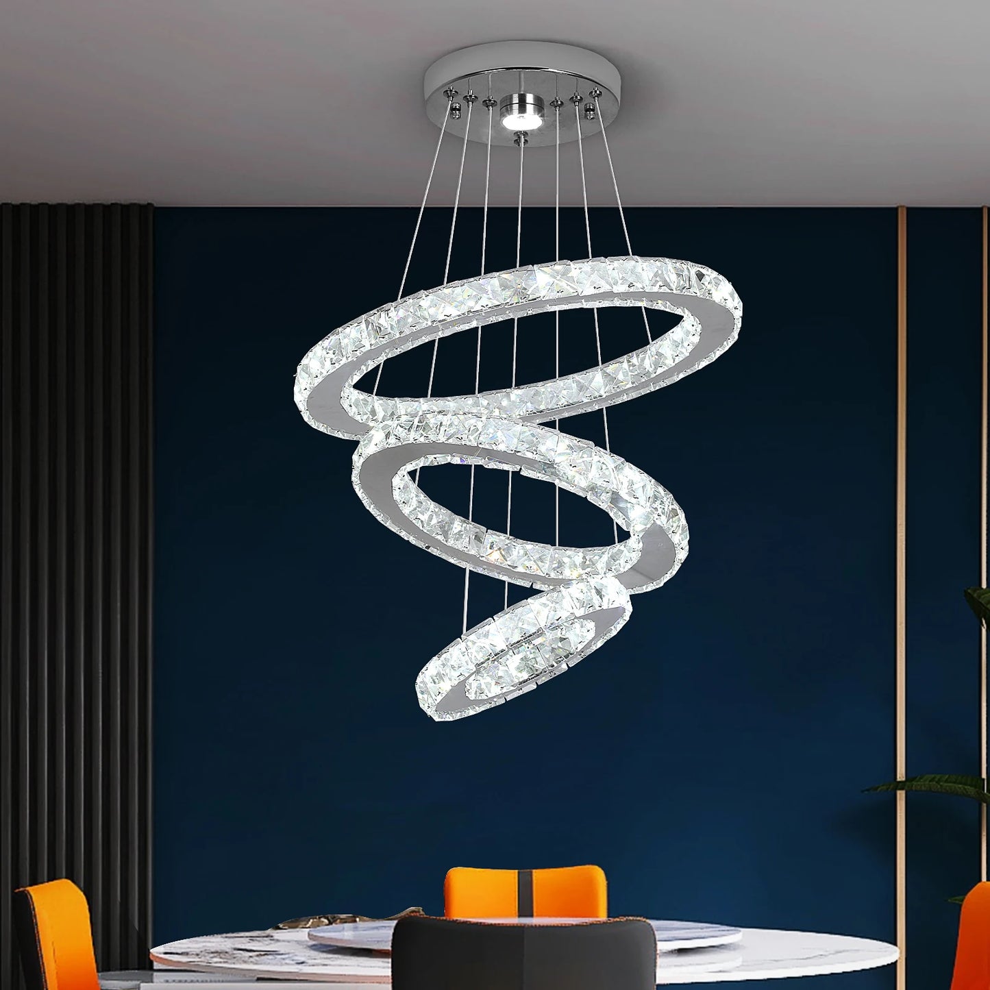 GreeLustr Modern Pendant Chandelier With Crystal Rings LED Ceiling Light