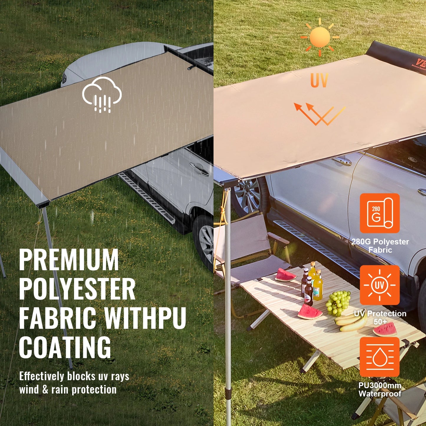 SucceBuy Vehicle Awning  Retractable Car Side Awning Car Awning with Waterproof Storage Bag  Suitable for Truck SUV Van Campers