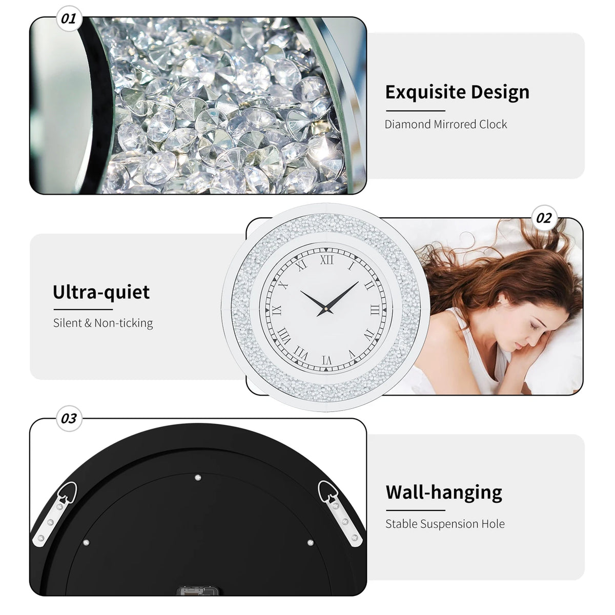 Crystal Sparkle Mirror Wall Clock With Quiet Alarm Feature