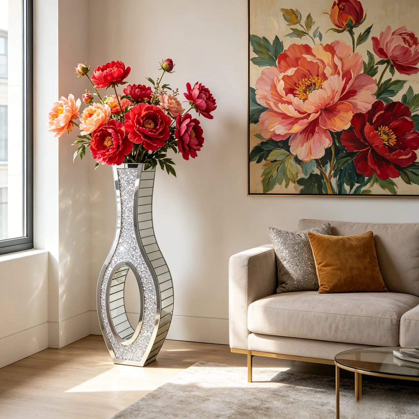 Various Styles Floor Crushed Diamond Mirrored Vase Large Silver Mirror Tall Vases Glass Vases Home Decor for Living Room Bedroom