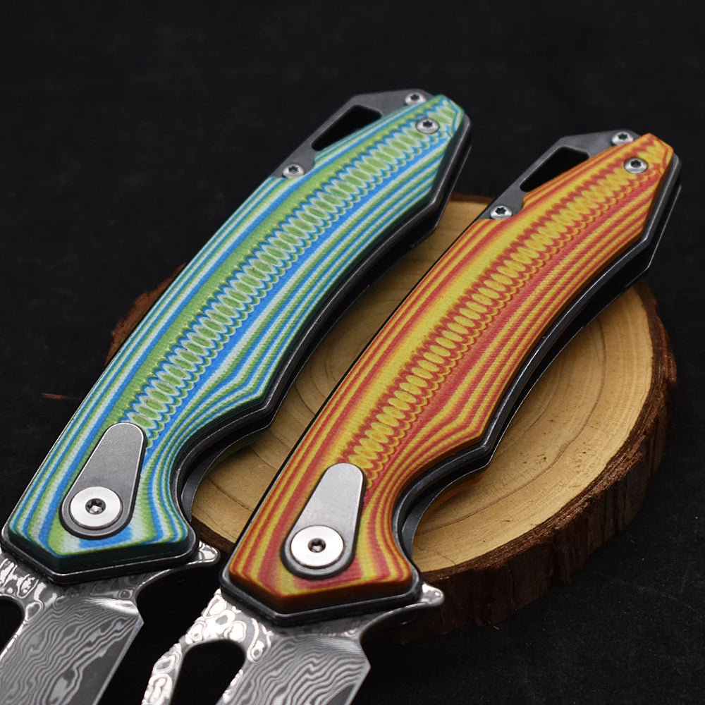 1pcs.Damascus Steel G10 Handle Folding Knife With Back Clip Outdoor Camping Fishing Portable Tools, Collecting Gifts EDC
