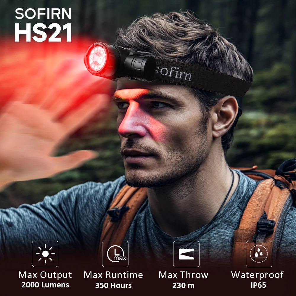 SOFIRN HS21 SFT40 2000lm EDC Red Headlight 18650 USB C Flashlight 6000K Powerful with Infrared Sensor New