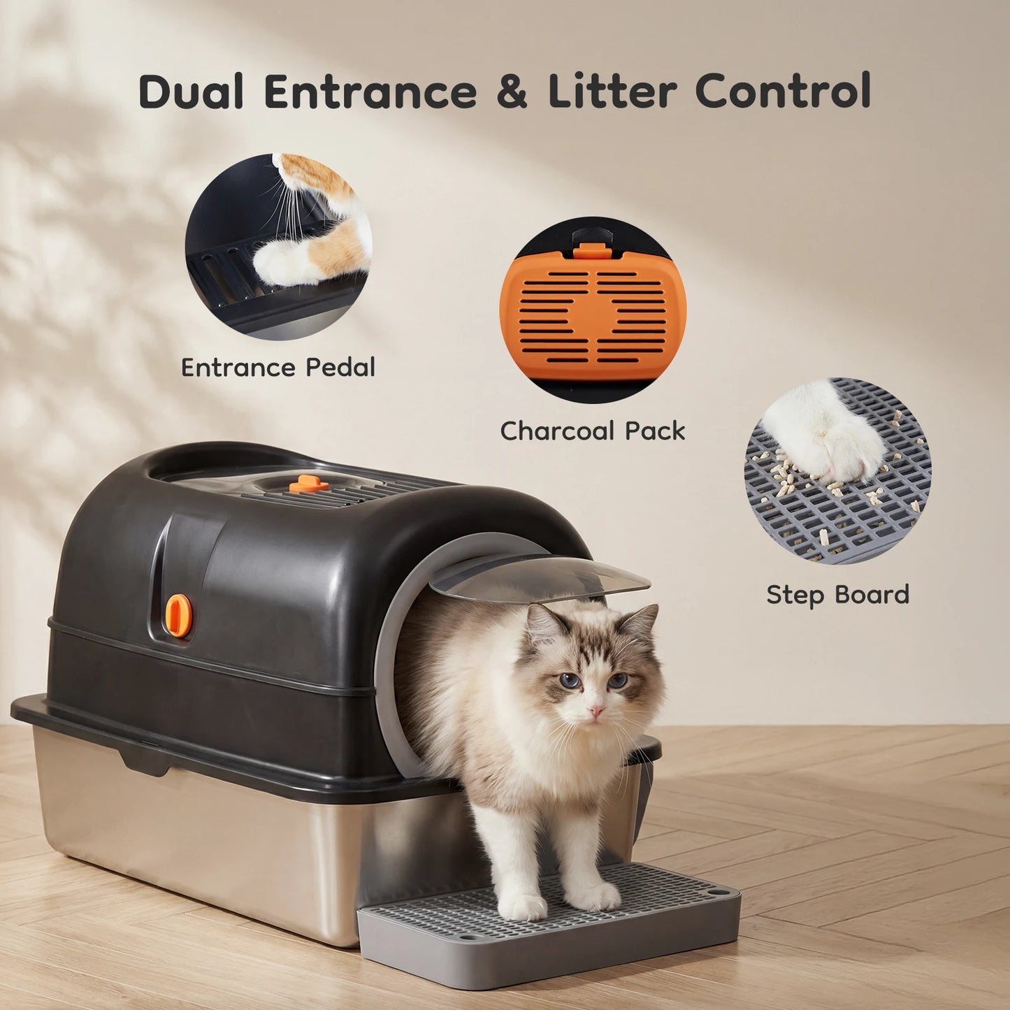 JHK Stainless Steel Cat Litter Box Fully Enclosed For Large Cats Scoop Included