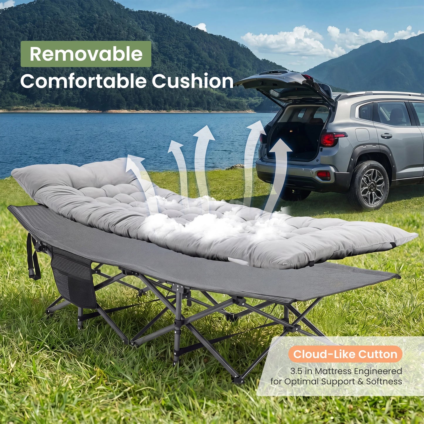 JHK Folding Camping Makeshift Bed Beach Lounge Chair Portable 3.5'' Cushion 440 lbs Sturdy Frame Compact Carry With Storage Bed for Outdoor Camping Hiking