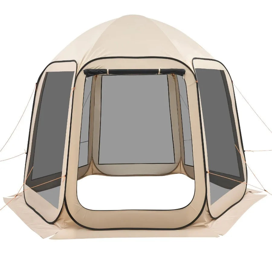 Screen House Tent 10 x 9.2 ft Beige 4-8 Person Pop Up Screened Canopy with Netting Sides Ground Stakes Carry Bag for Garden Pat