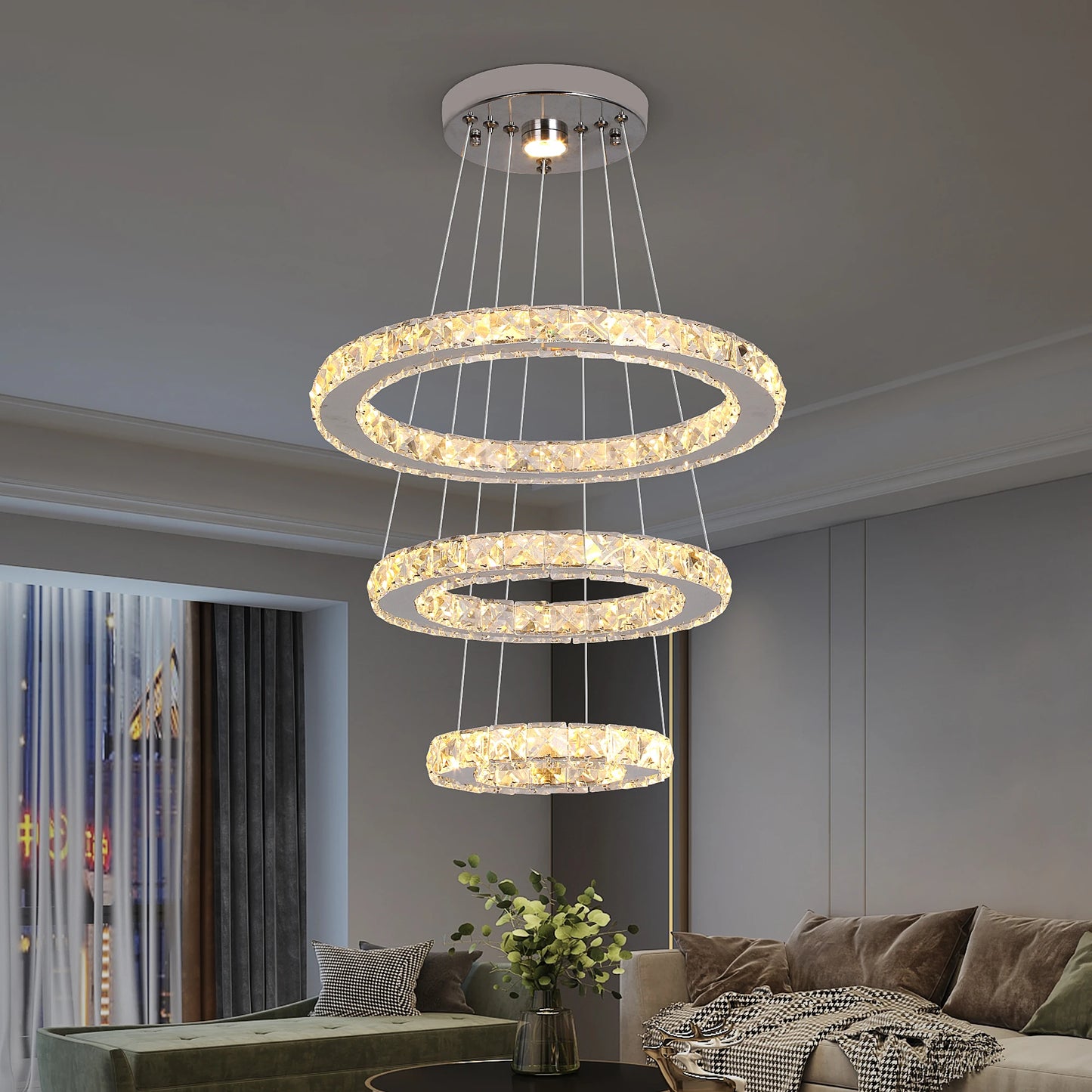 GreeLustr Modern Pendant Chandelier With Crystal Rings LED Ceiling Light