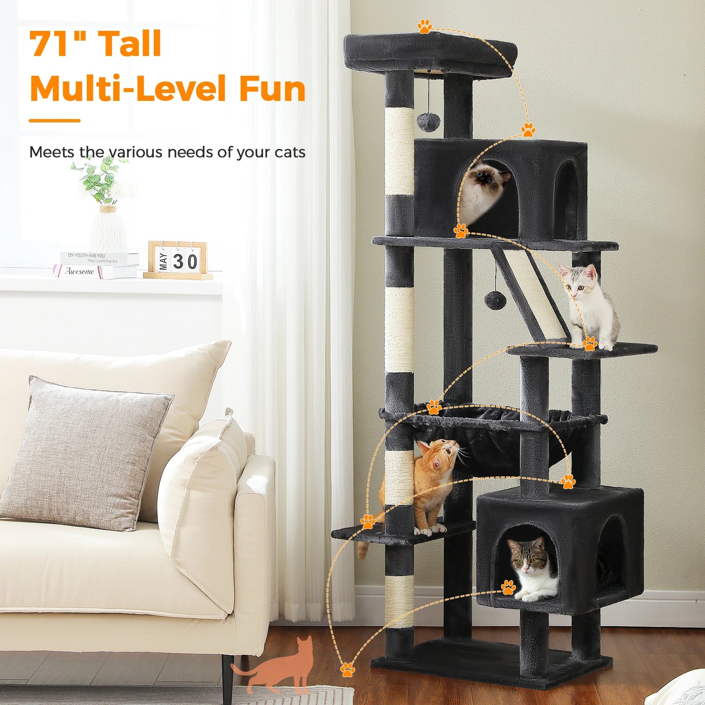 PAWZ Road Tall Cat Tree With Scratching Posts And Perch